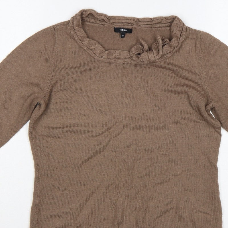 Papaya Women’s Brown Ruffle Neck 3/4 Sleeve Knit Jumper Size 12