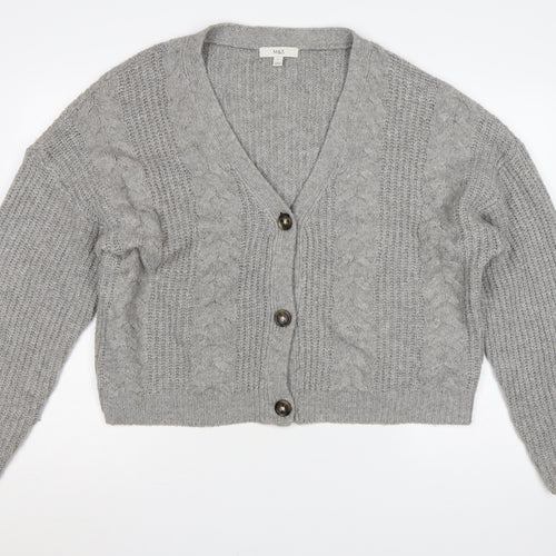 Marks and Spencer Women Grey L Cable Knit V-Neck Button Cardigan