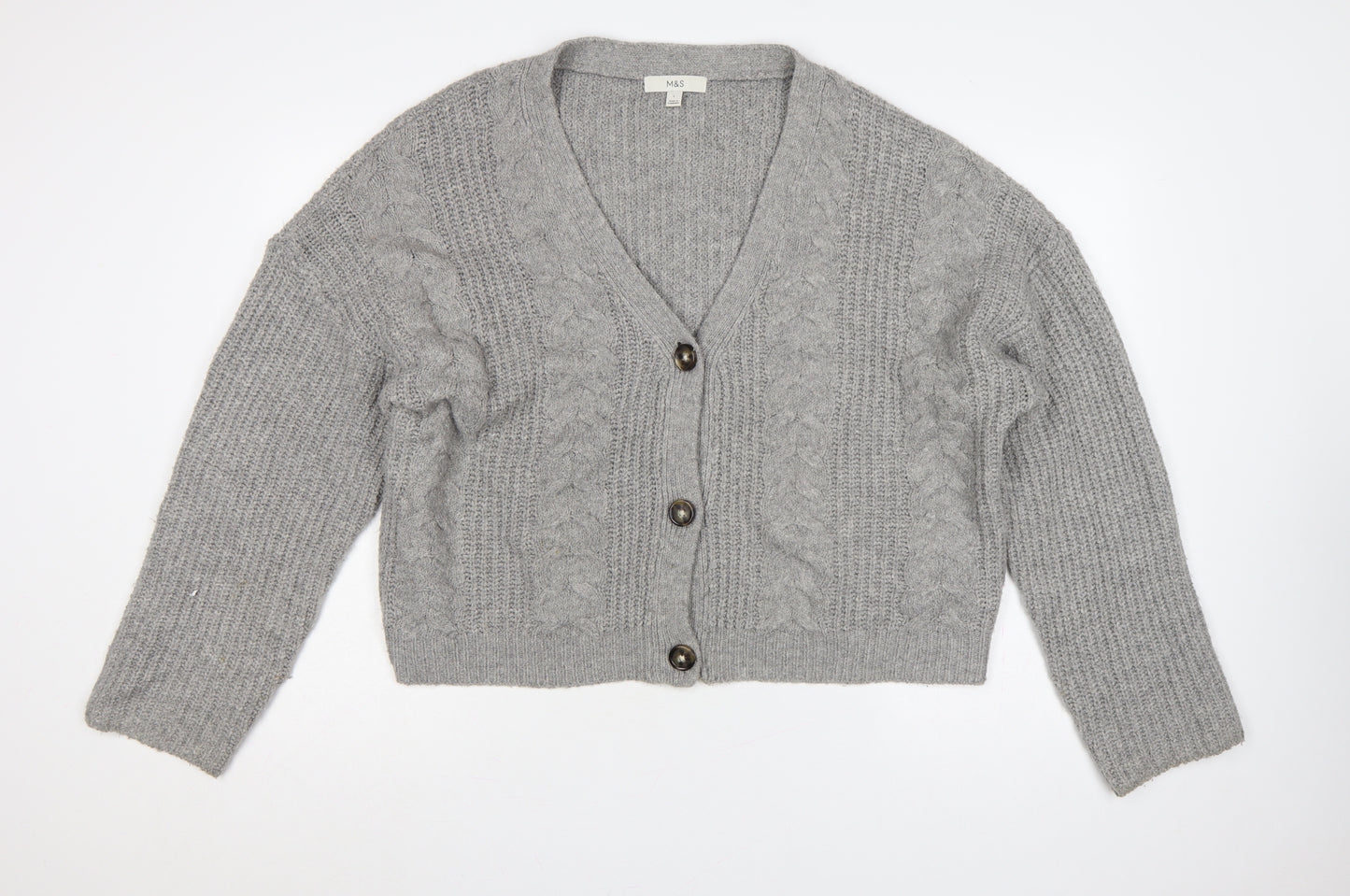 Marks and Spencer Women Grey L Cable Knit V-Neck Button Cardigan