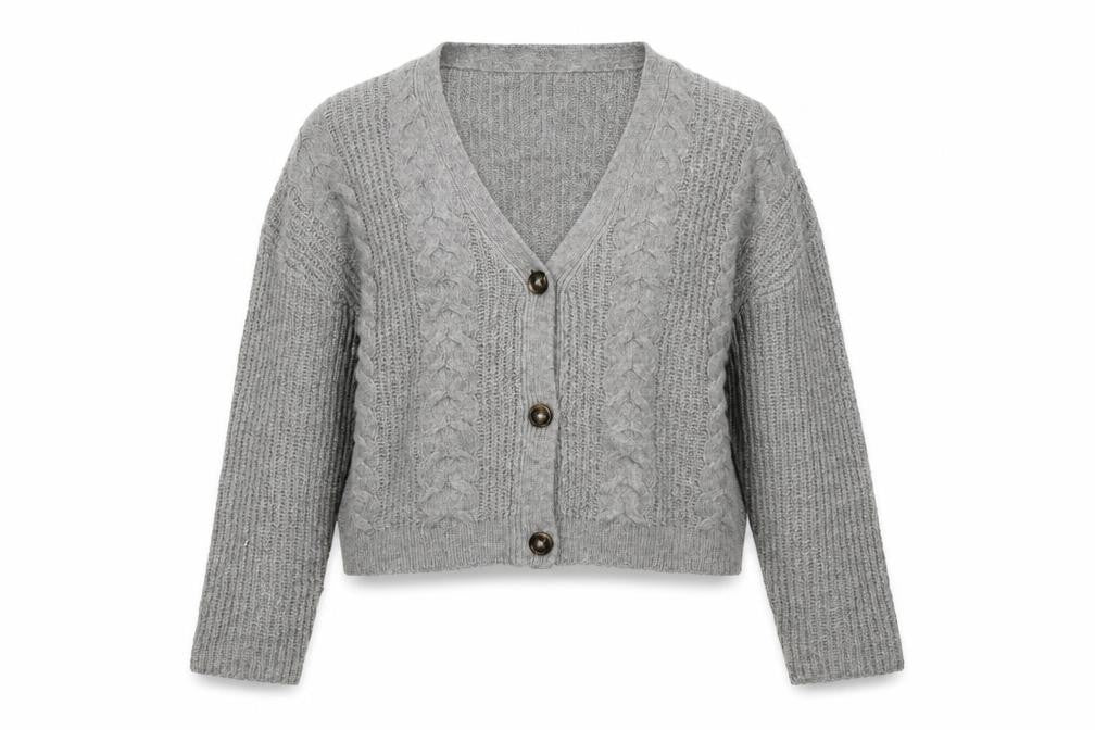 Front view of Marks & Spencer Women Grey L Cable Knit V-Neck Button Cardigan