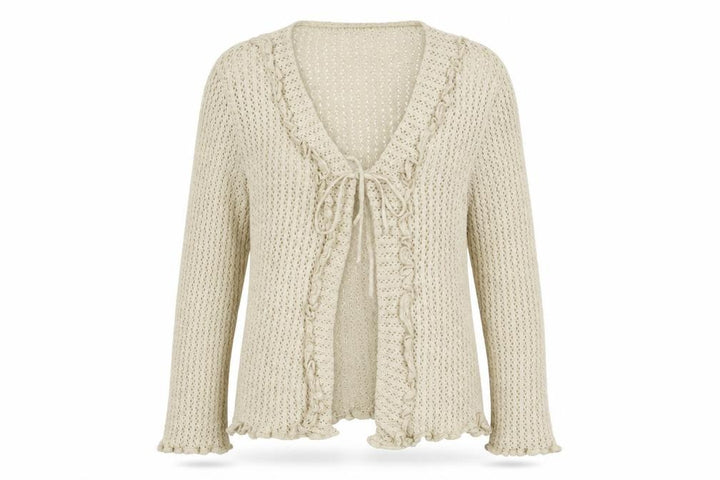 New Look Women Beige Size 18 Open-Knit Ruffle Tie Cardigan