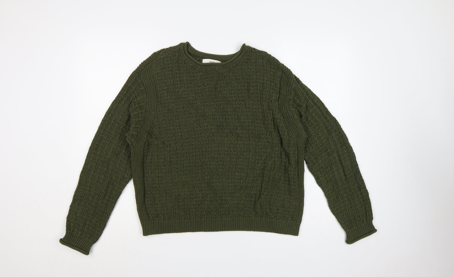 Marks & Spencer Women Green M Cotton Knit Crew Neck Jumper