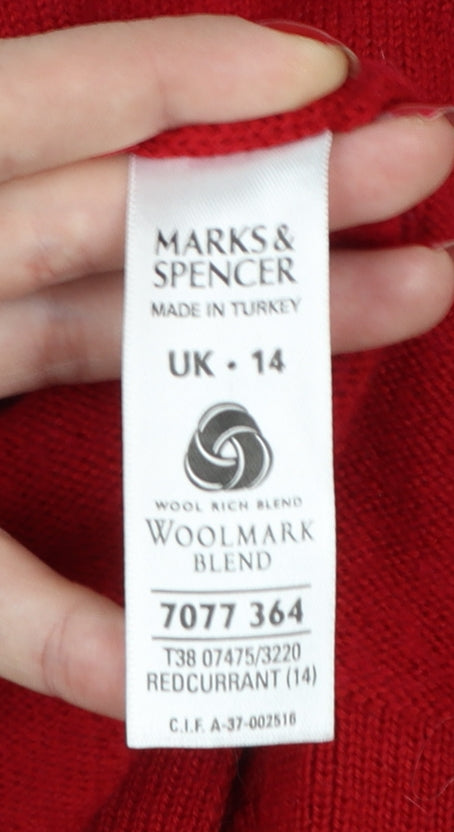 Marks and Spencer Women Red UK 14 Wool Blend Roll Neck Jumper