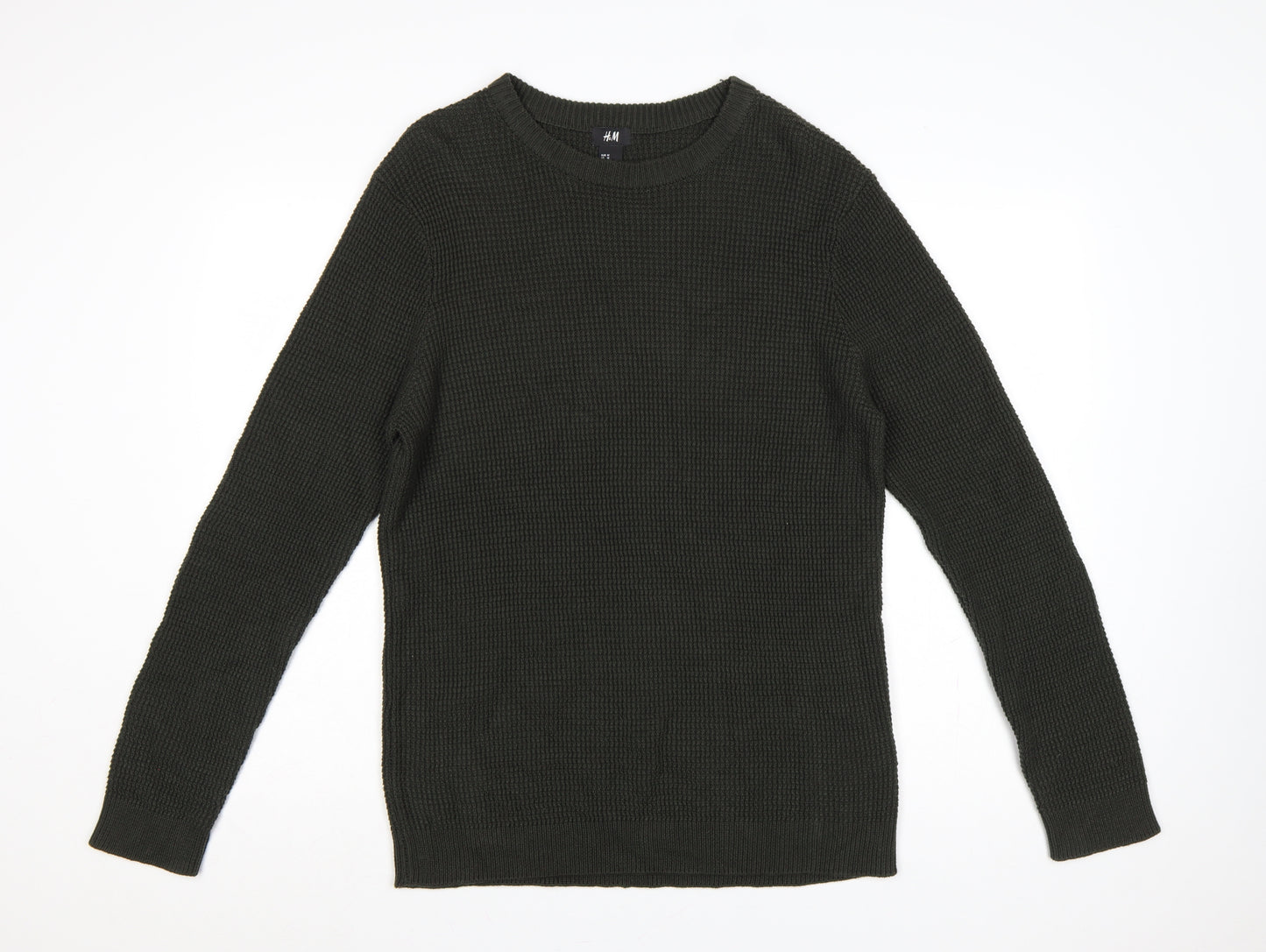 H&M Men’s Green M Waffle Knit Crew Neck Pullover Jumper