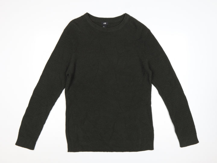 H&M Men’s Green M Waffle Knit Crew Neck Pullover Jumper