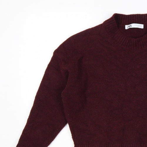 Zara Women Burgundy XS High Neck Knit Pullover Jumper Long Sleeve
