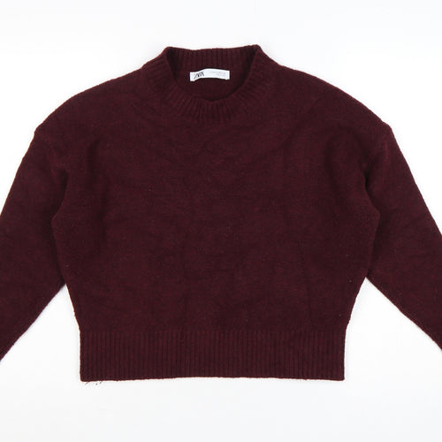 Zara Women Burgundy XS High Neck Knit Pullover Jumper Long Sleeve