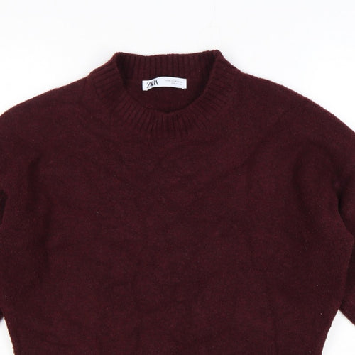 Zara Women Burgundy XS High Neck Knit Pullover Jumper Long Sleeve