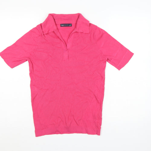 Marks and Spencer Women Pink M Ribbed Knit Short Sleeve Polo Top