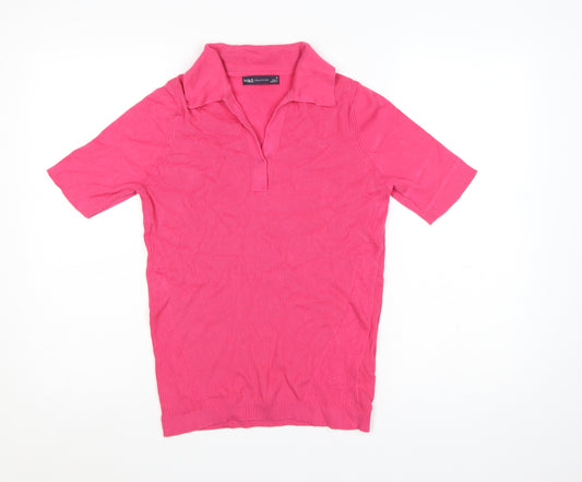 Marks and Spencer Women Pink M Ribbed Knit Short Sleeve Polo Top