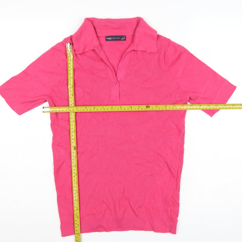 Marks and Spencer Women Pink M Ribbed Knit Short Sleeve Polo Top