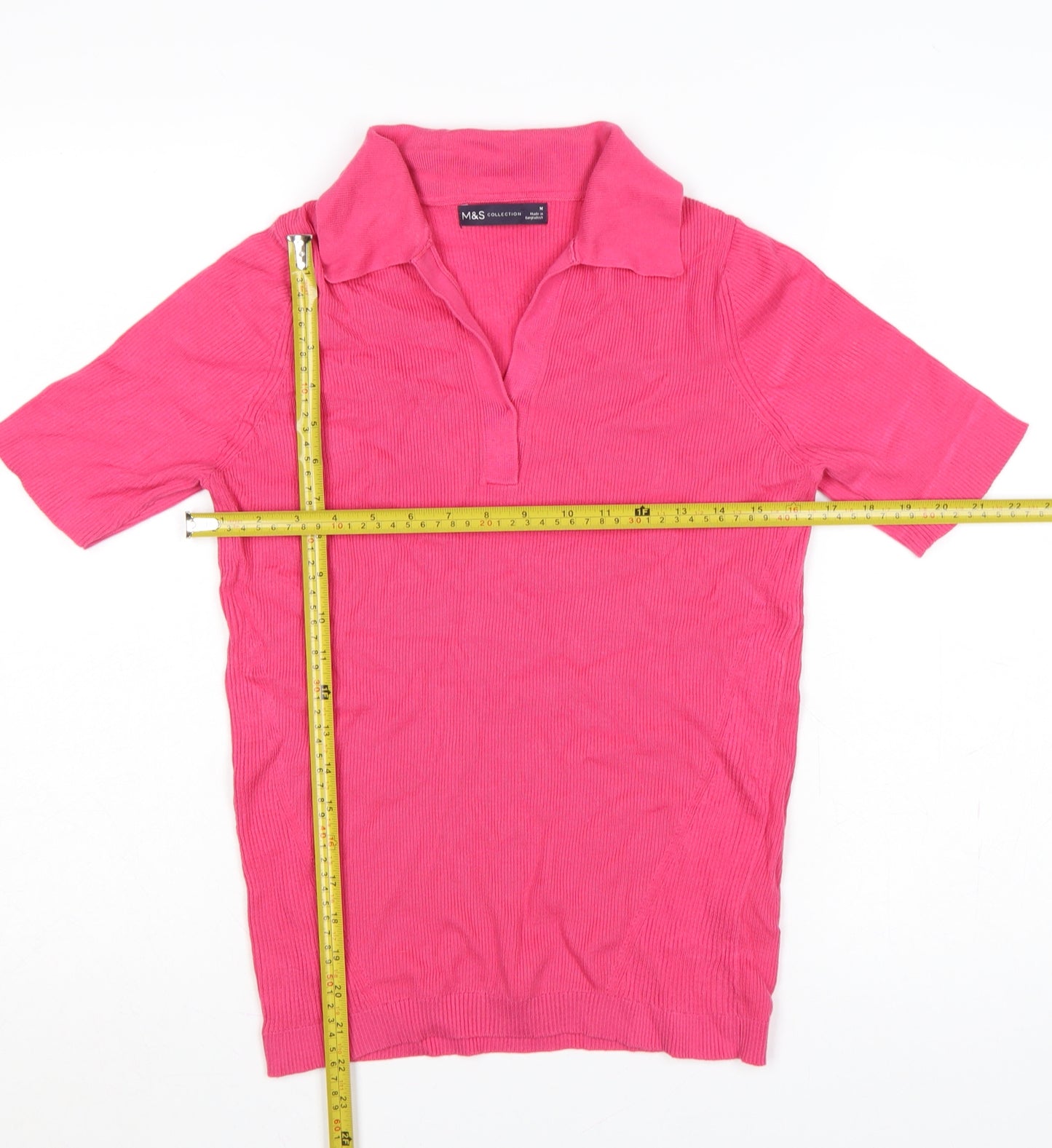 Marks and Spencer Women Pink M Ribbed Knit Short Sleeve Polo Top