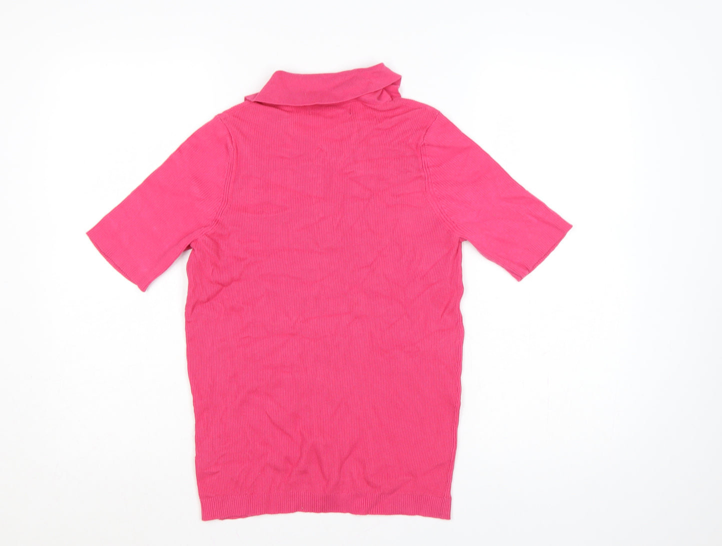 Marks and Spencer Women Pink M Ribbed Knit Short Sleeve Polo Top