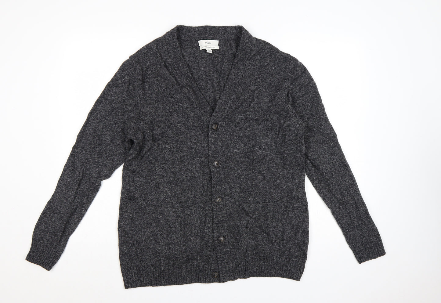 Marks and Spencer Men Grey Large Lambswool Rich Button Cardigan