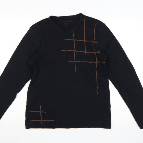River Island Men’s Black M Long Sleeve Embroidered V-Neck T-Shirt