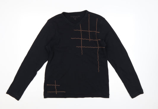 River Island Men’s Black M Long Sleeve Embroidered V-Neck T-Shirt