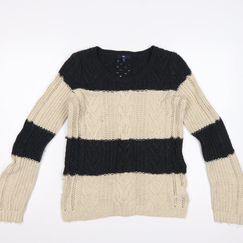 Gap Women’s Black Beige M Cable Knit Striped Crew Neck Jumper