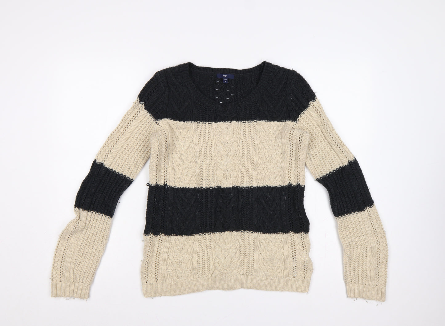 Gap Women’s Black Beige M Cable Knit Striped Crew Neck Jumper