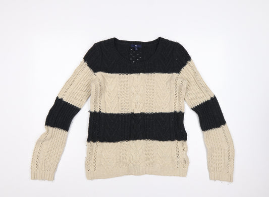 Gap Women’s Black Beige M Cable Knit Striped Crew Neck Jumper