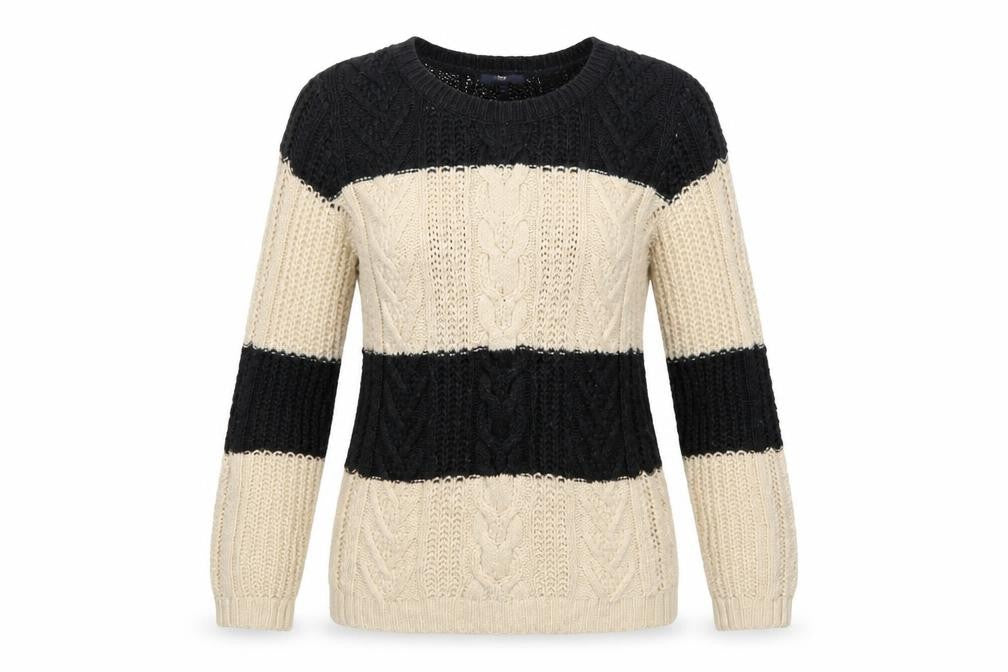 Gap Women’s Black Beige M Cable Knit Striped Crew Neck Jumper
