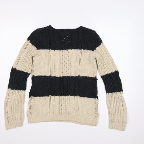 Gap Women’s Black Beige M Cable Knit Striped Crew Neck Jumper