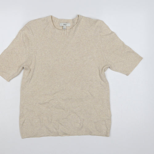 Marks and Spencer Women Beige L Ribbed Knit Puff Sleeve Top