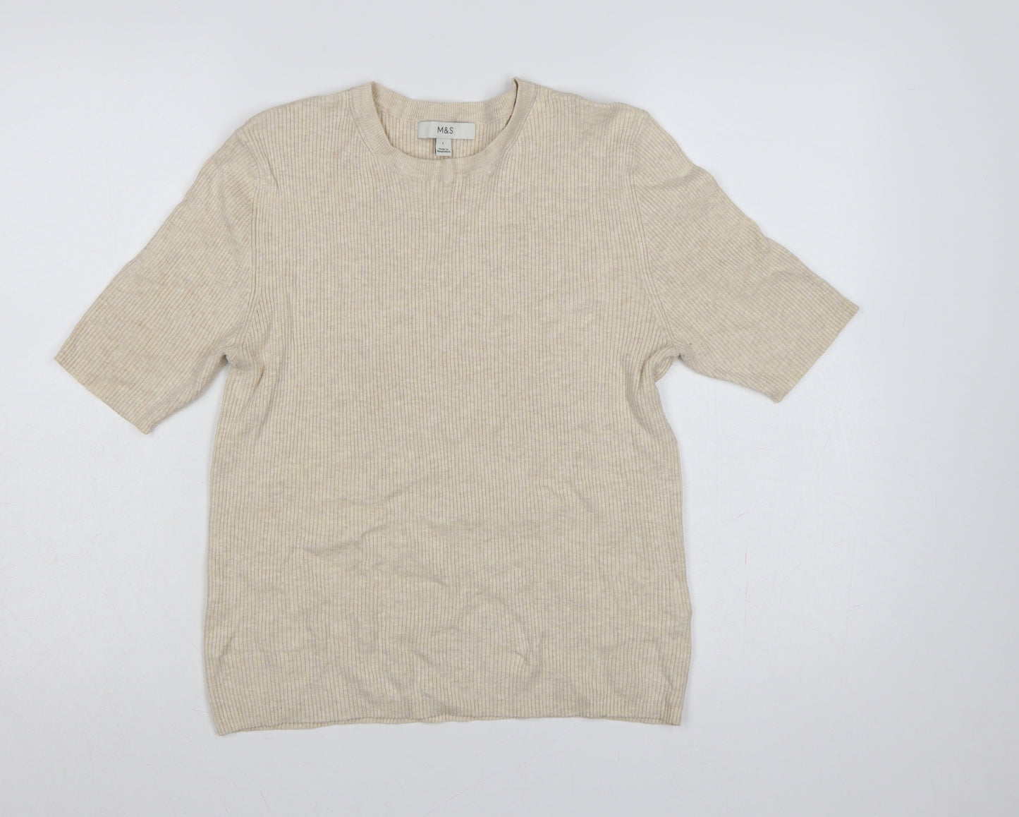 Marks and Spencer Women Beige L Ribbed Knit Puff Sleeve Top