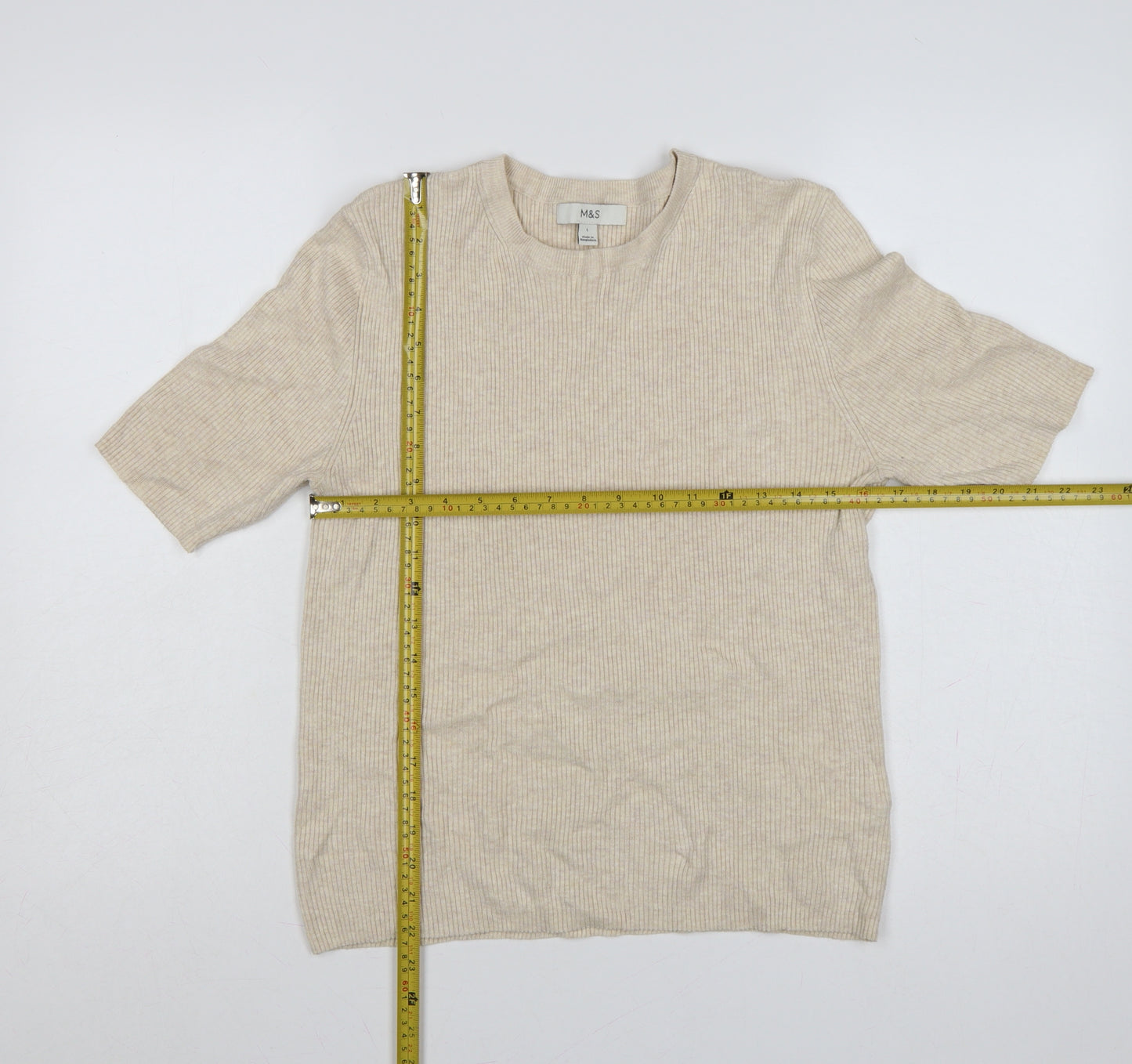 Marks and Spencer Women Beige L Ribbed Knit Puff Sleeve Top