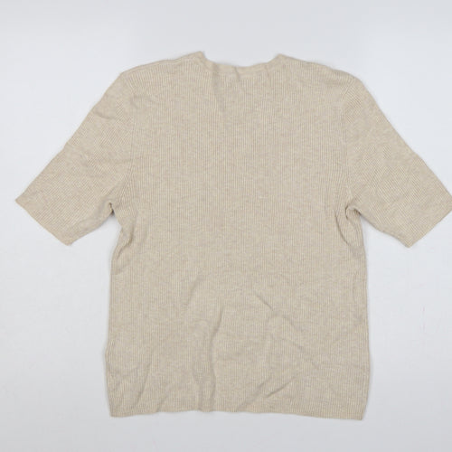 Marks and Spencer Women Beige L Ribbed Knit Puff Sleeve Top