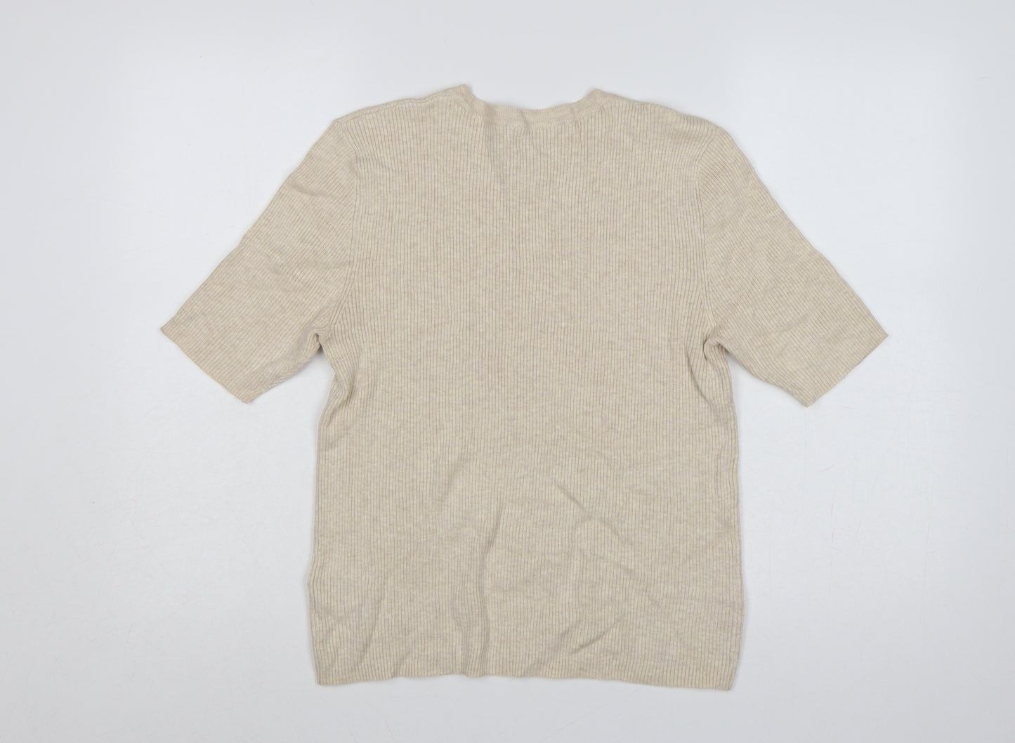 Marks and Spencer Women Beige L Ribbed Knit Puff Sleeve Top