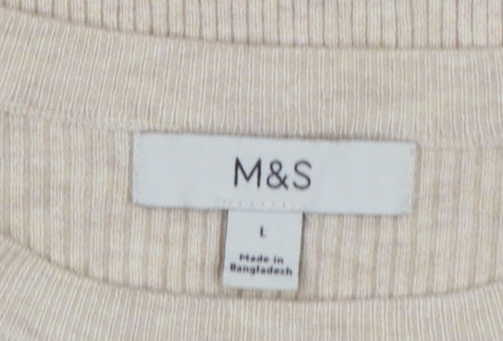 Marks and Spencer Women Beige L Ribbed Knit Puff Sleeve Top