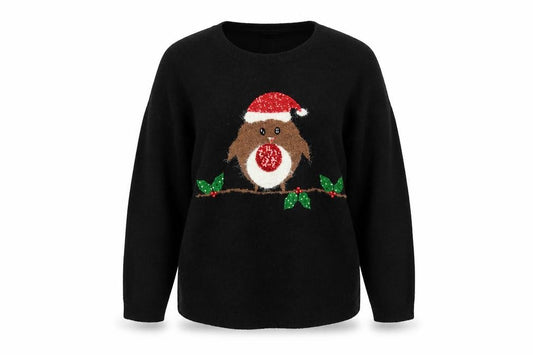 Front view of M&Co Women’s Black, size UK 28, Christmas Robin Sequin Knit Jumper