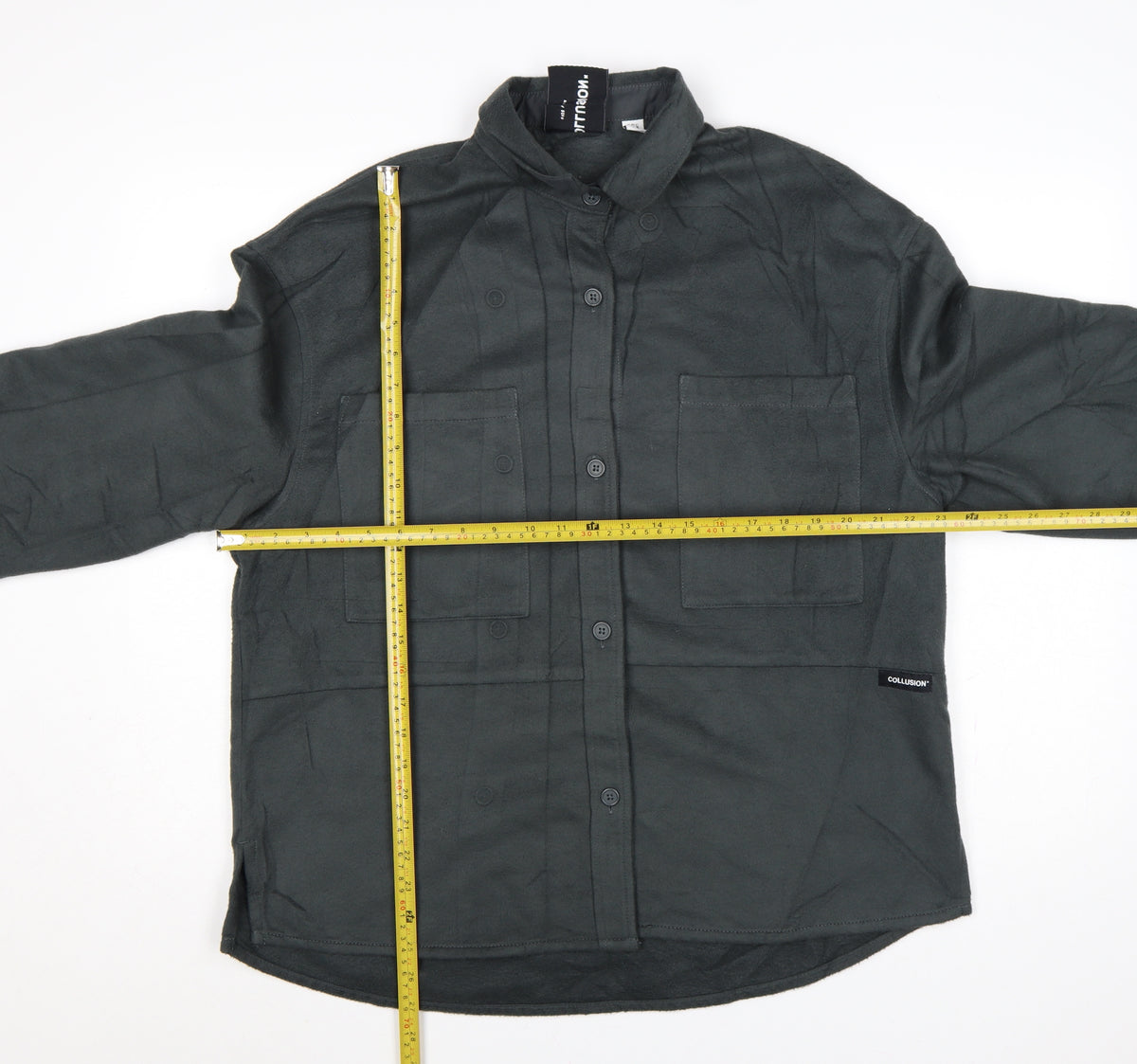 Close-up detail of COLLUSION Women’s Black UK 8 Relaxed Button-Up Pocket Shirt
