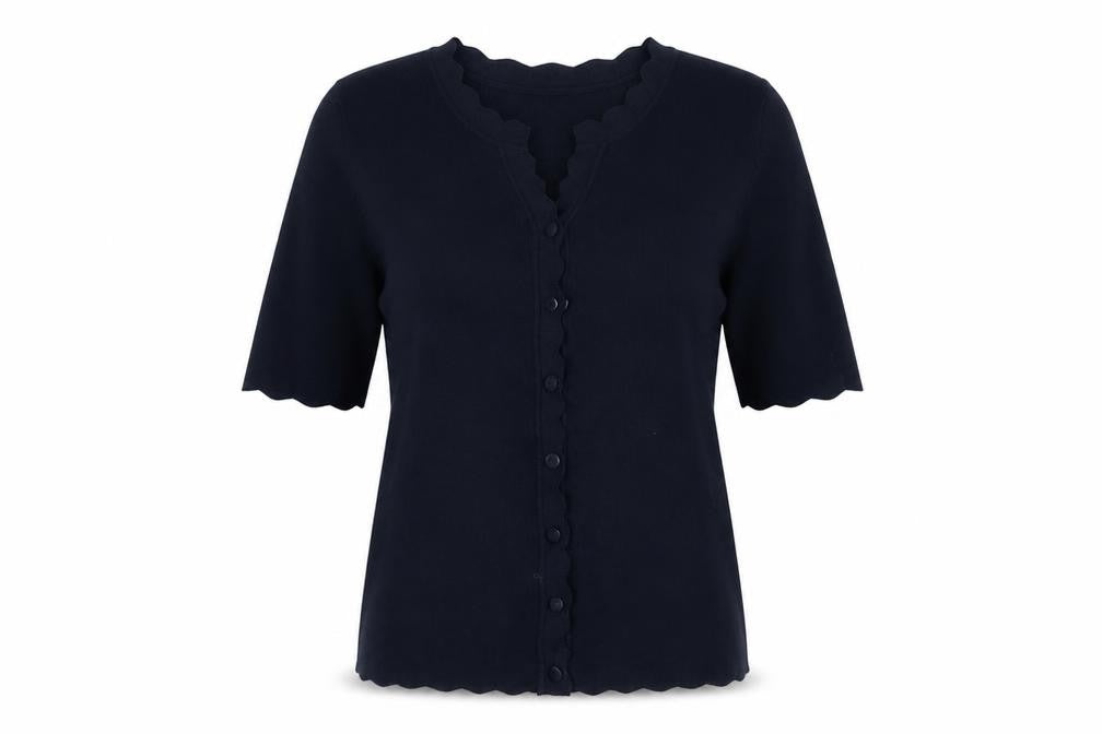 Front view of Marks & Spencer Women’s Blue, size UK 16, Short Sleeve Ruffle Button Cardigan