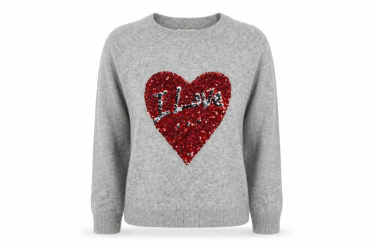 H&M Women Grey UK 16 Sequin Love Heart Crew Neck Knit Jumper