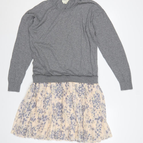Next Women Grey Floral Pleated Jumper Dress UK 16 Long Sleeve