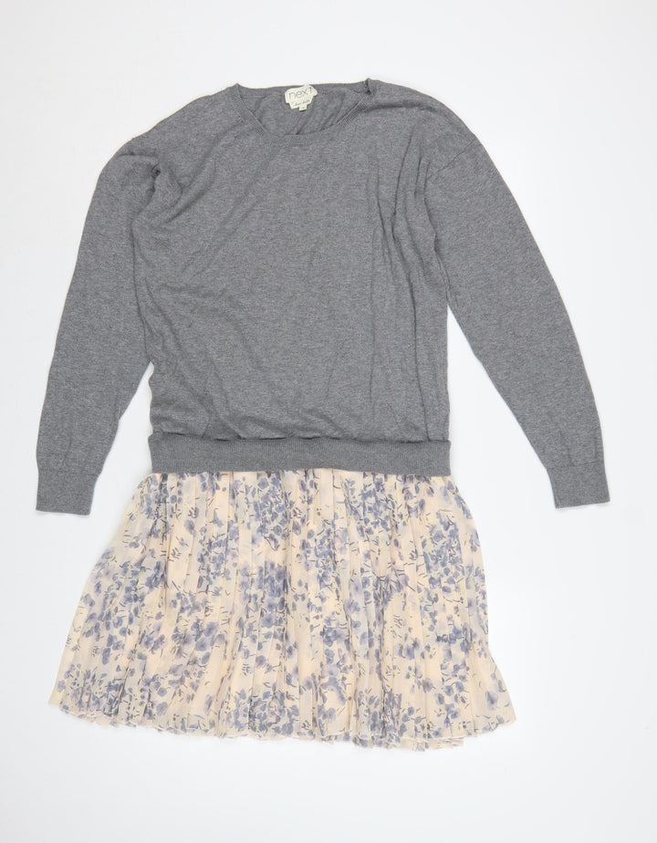 Next Women Grey Floral Pleated Jumper Dress UK 16 Long Sleeve