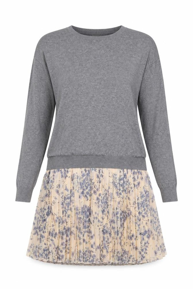 Next Women Grey Floral Pleated Jumper Dress UK 16 Long Sleeve