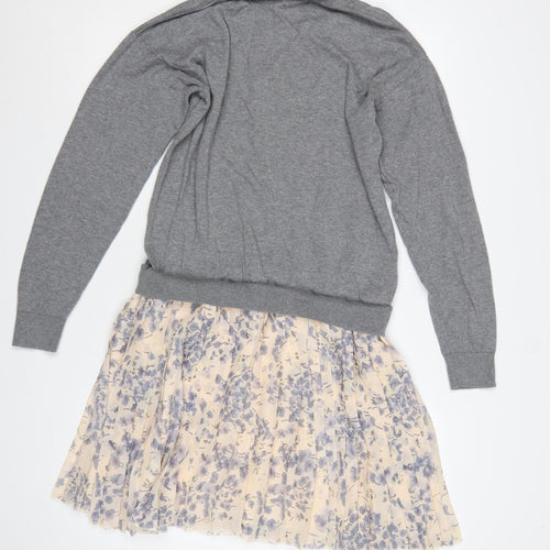 Next Women Grey Floral Pleated Jumper Dress UK 16 Long Sleeve