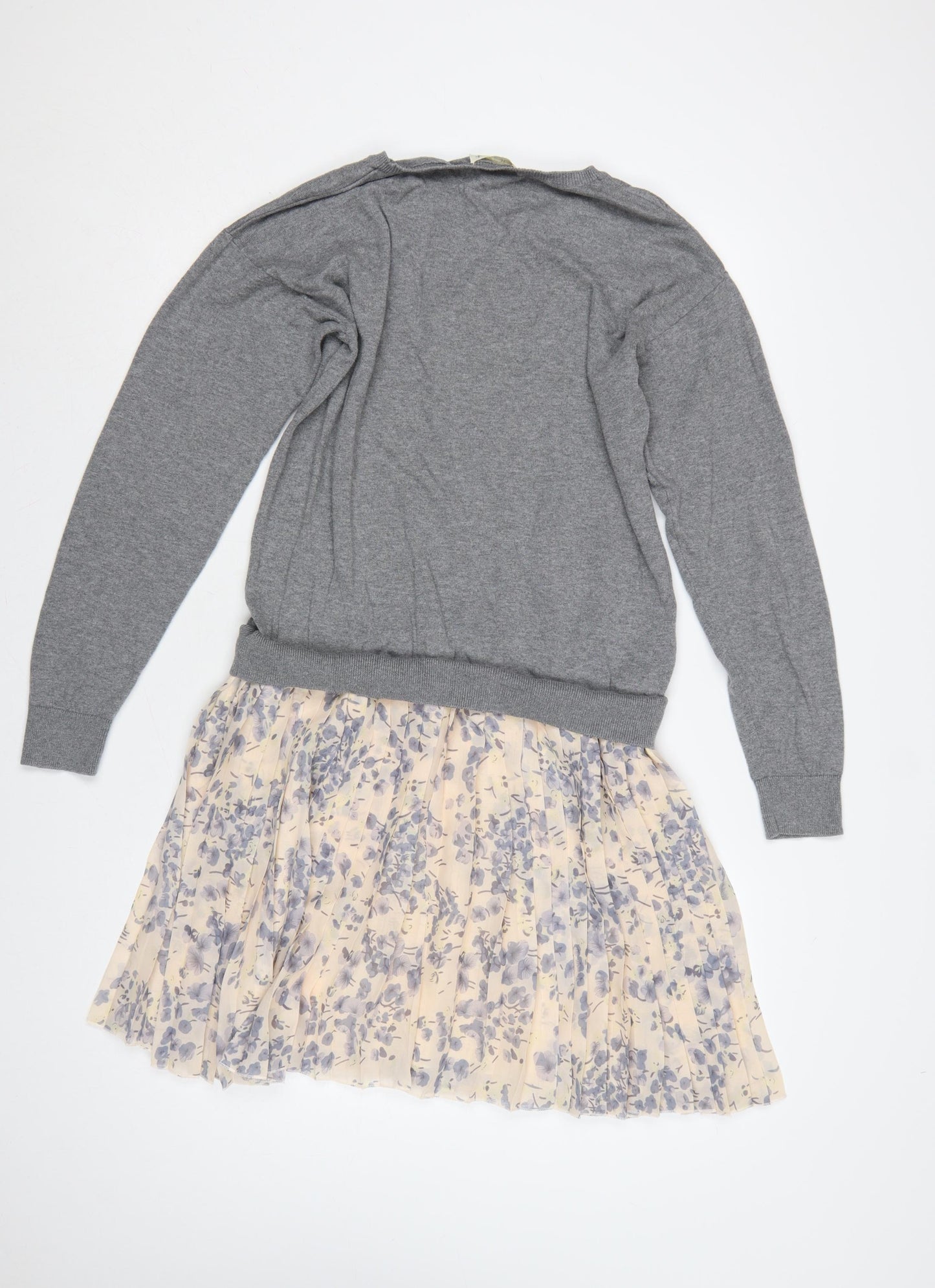 Next Women Grey Floral Pleated Jumper Dress UK 16 Long Sleeve