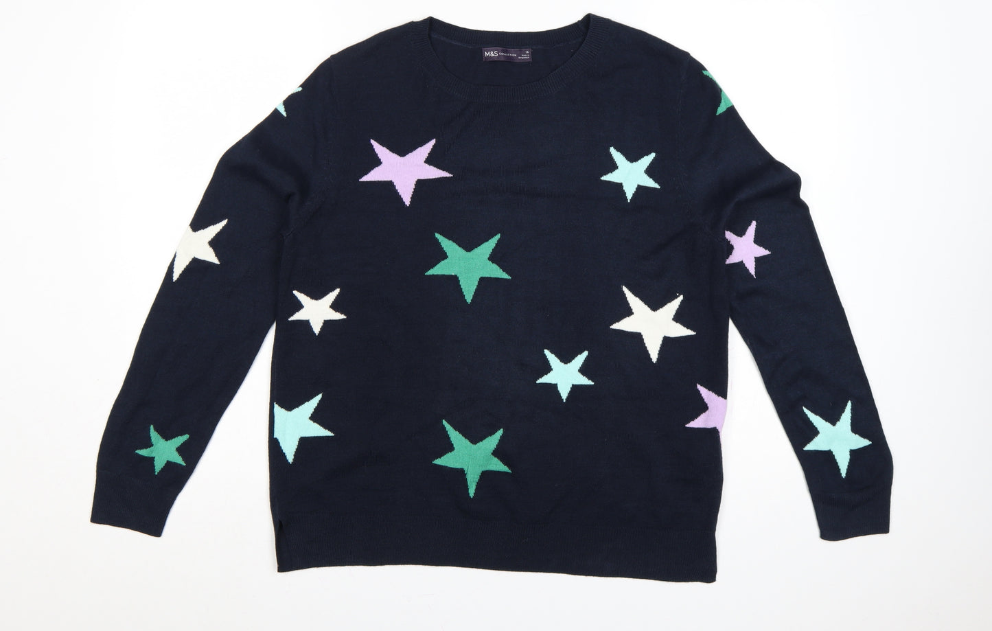 Marks and Spencer Women Blue Star Knit Pullover Jumper UK 16