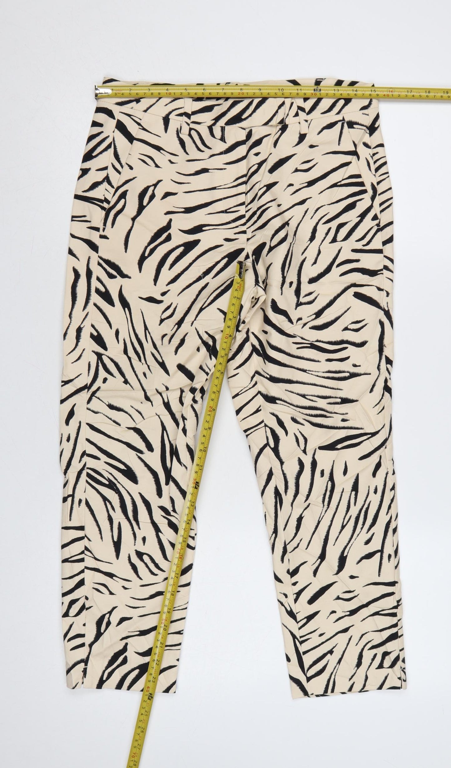 M&S Women’s Beige Zebra Print Cotton Trousers UK 10 Short