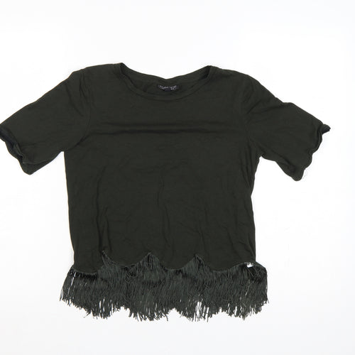 Topshop Women Black UK 8 Fringe Hem Short Sleeve Jersey T-Shirt