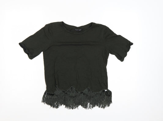 Topshop Women Black UK 8 Fringe Hem Short Sleeve Jersey T-Shirt