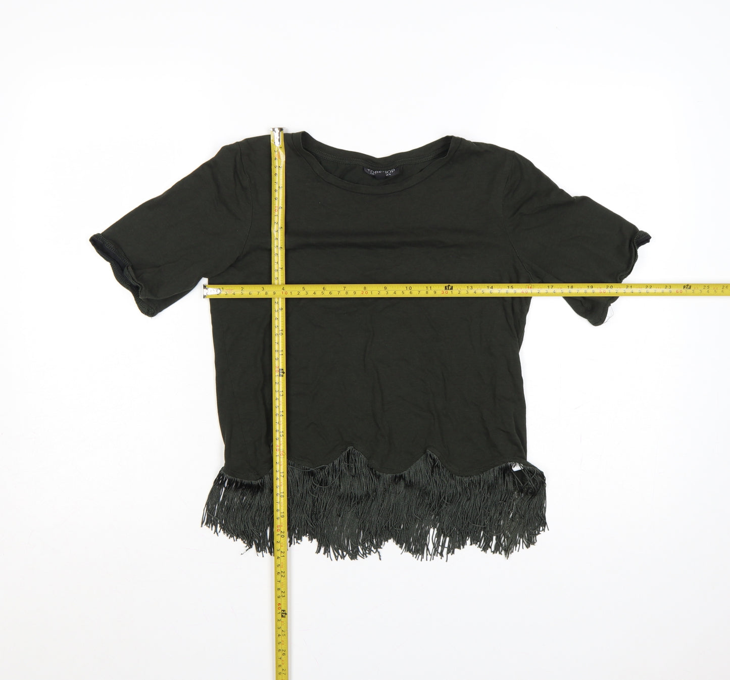 Topshop Women Black UK 8 Fringe Hem Short Sleeve Jersey T-Shirt