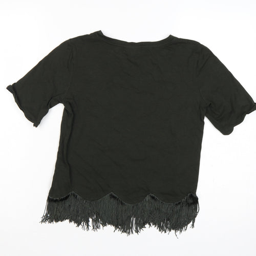 Topshop Women Black UK 8 Fringe Hem Short Sleeve Jersey T-Shirt