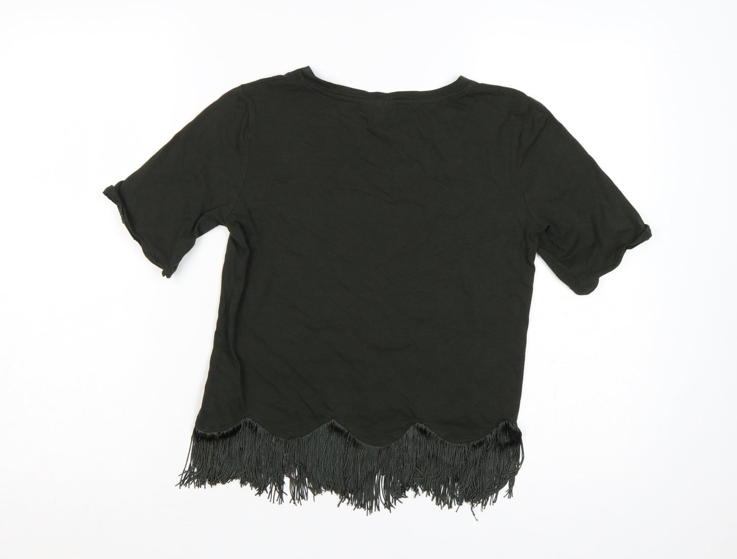 Topshop Women Black UK 8 Fringe Hem Short Sleeve Jersey T-Shirt