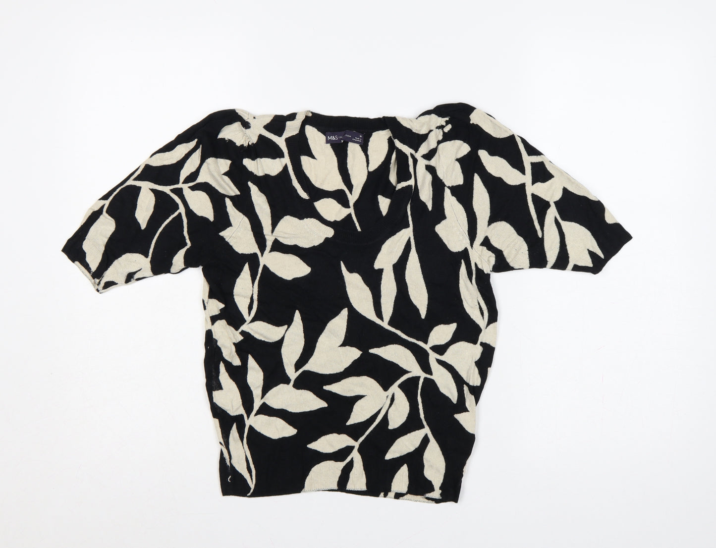 Marks and Spencer Women Black UK 10 V-Neck Floral Knit Jumper