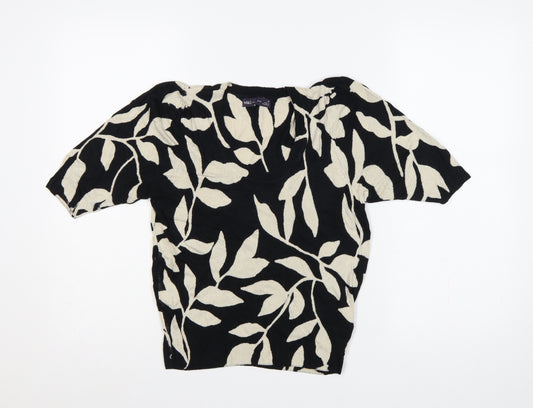 Marks and Spencer Women Black UK 10 V-Neck Floral Knit Jumper