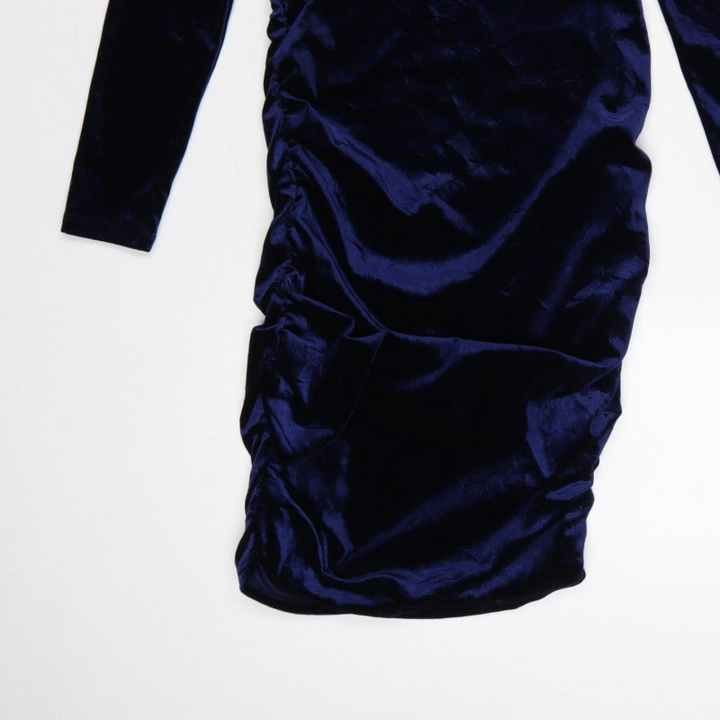 Michelle Keegan Women Blue UK 10 Bodycon Velour Ruched Knee Dress